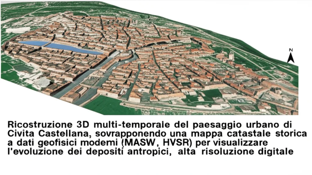 Ricostruzione 3D multi-temporale del paesaggio urbano di Civita Castellana, sovrapponendo una mappa catastale storica a dati geofisici moderni (MASW, HVSR) per visualizzare l'evoluzione dei depositi antropici, alta risoluzione, illuminazione digitale.