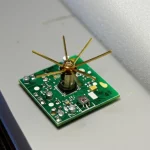 Studio macro, obiettivo 100mm, di un'antenna planare a monopolo stampata con un design a stella, posta sopra una superficie a conduttore magnetico artificiale (AMCS) composta da celle 3x3. L'antenna e l'AMCS sono separate da un blocchetto di schiuma. Illuminazione controllata per evidenziare i dettagli dei circuiti stampati e la tridimensionalità dell'assemblaggio. Alta definizione, messa a fuoco precisa sui componenti.