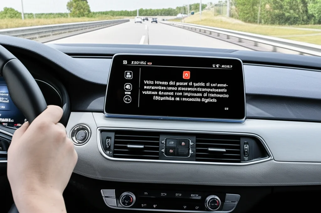 Vista interna dal posto di guida di un'auto semi-autonoma su un'autostrada, con le mani del guidatore pronte a riprendere il volante durante una richiesta di intervento (RtI) segnalata sul cruscotto digitale. Obiettivo grandangolare 24mm, luce diurna naturale, focus nitido sulla strada e sul cruscotto.