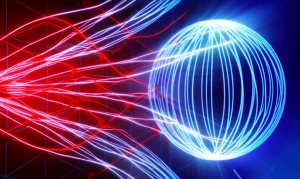 Visualizzazione astratta e dinamica dell'ibridazione tra onde sonore (fononi, rappresentate da onde rosse) e oscillazioni di plasma elettronico (plasmoni, rappresentate da onde blu elettrico) all'interno di una struttura cristallina ionica stilizzata. Effetti di luce brillanti e scie di movimento per suggerire energia e interazione dinamica. Telephoto zoom, 200mm, fast shutter speed, action tracking, con colori vivaci che rappresentano le diverse energie e un leggero motion blur per enfatizzare la dinamicità.