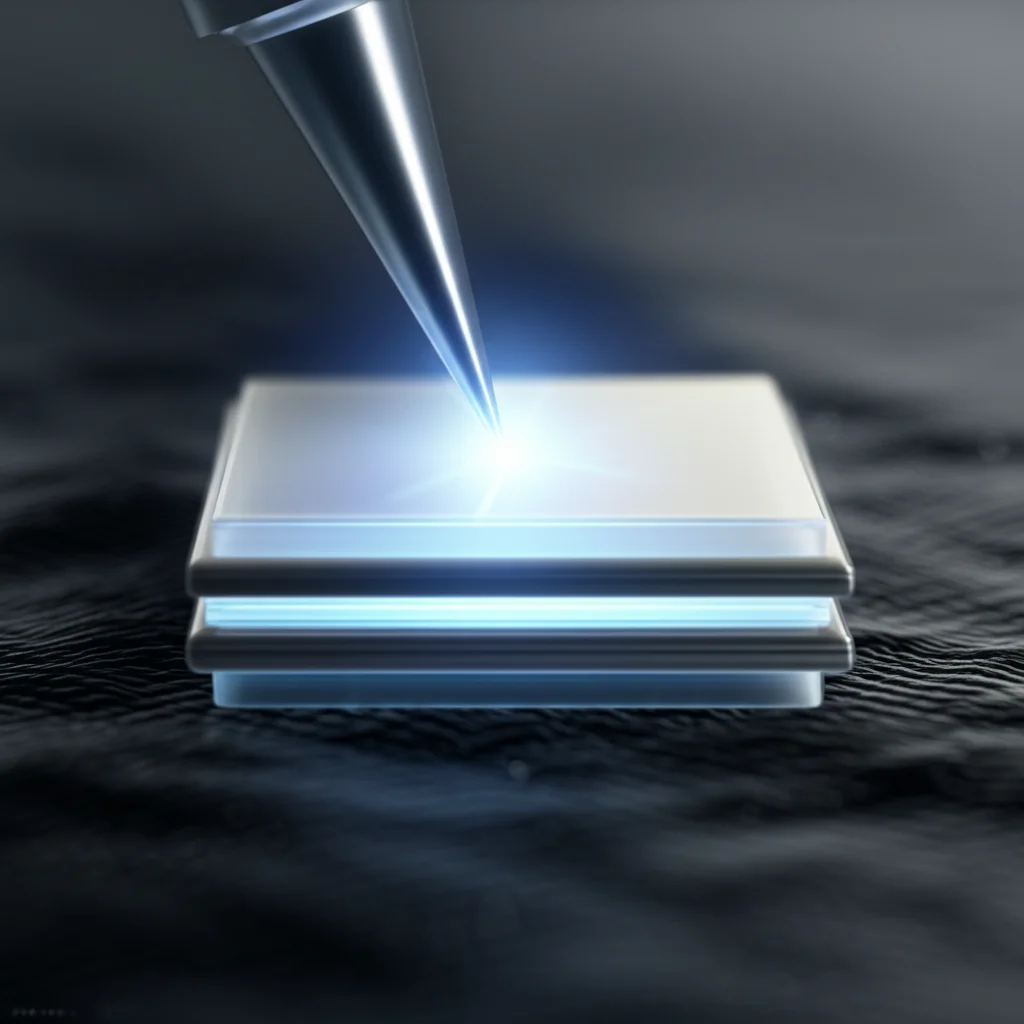 A highly detailed, conceptual macro shot of a glowing, layered 2D material (like an oxide heterostructure with distinct layers) being probed by a delicate AFM tip. The tip emits a faint, focused light beam, representing near-field optical interaction. The background is dark and subtly textured, suggesting a cryogenic, high-tech environment. Macro lens, 100mm, high detail, precise focusing, controlled lighting, emphasizing the nanoscale investigation.