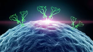 Due molecole inibitrici stilizzate che attaccano una cellula tumorale polmonare con mutazione KRAS G12C, simboleggiando la terapia combinata. Obiettivo macro 90mm, alta definizione dei dettagli molecolari, illuminazione da laboratorio controllata per un effetto realistico e scientifico, sfondo leggermente sfocato per enfatizzare il soggetto.