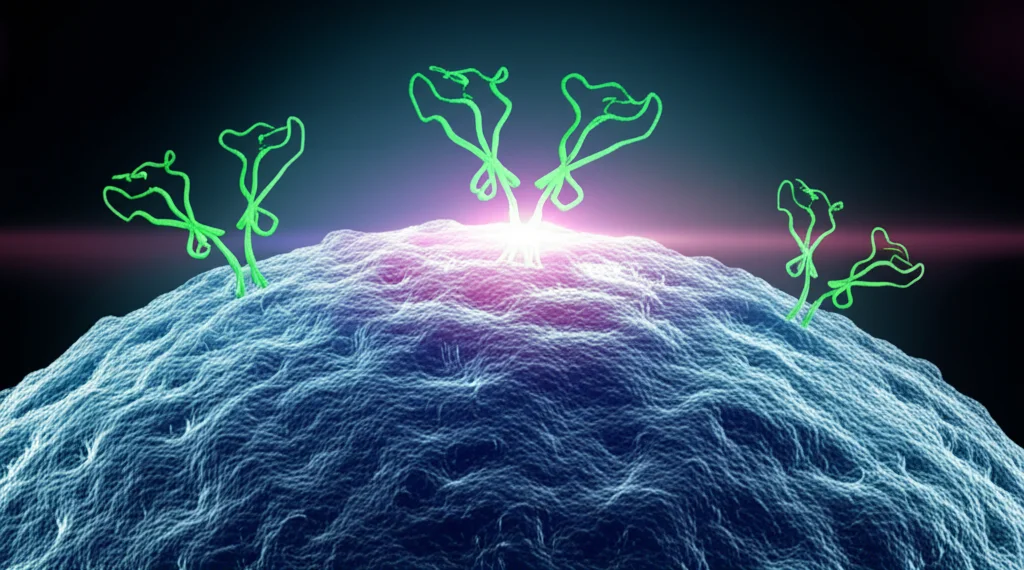 Due molecole inibitrici stilizzate che attaccano una cellula tumorale polmonare con mutazione KRAS G12C, simboleggiando la terapia combinata. Obiettivo macro 90mm, alta definizione dei dettagli molecolari, illuminazione da laboratorio controllata per un effetto realistico e scientifico, sfondo leggermente sfocato per enfatizzare il soggetto.