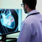 Immagine ad alta risoluzione di una risonanza magnetica cardiaca che mostra il cuore in sezione, con aree di LGE (Late Gadolinium Enhancement) evidenziate. Un medico osserva l'immagine su un monitor. Lente prime 35mm, profondità di campo, illuminazione da studio, colori vividi ma realistici per evidenziare i dettagli medici.
