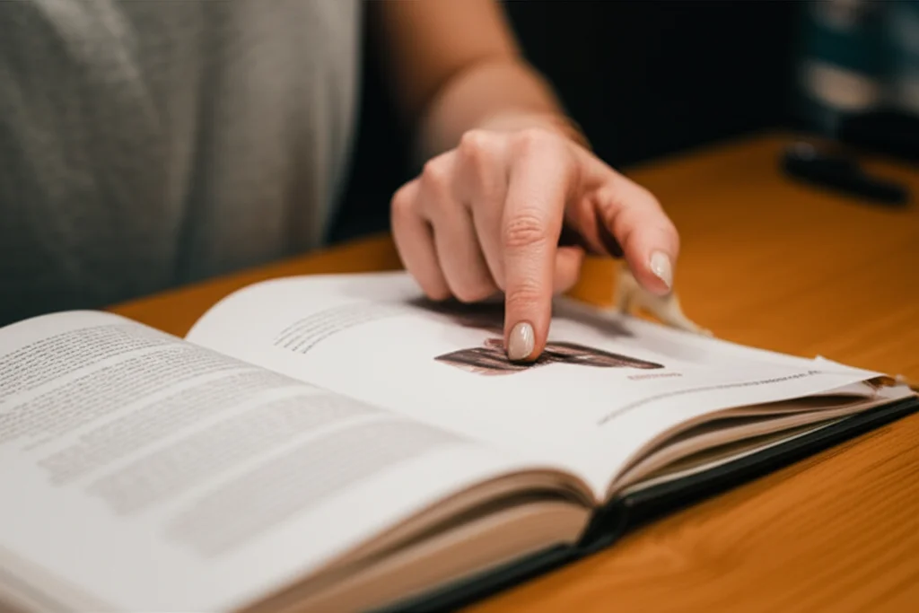 Immagine simbolica di un opuscolo illustrato sulla pianificazione familiare aperto su un tavolo, con accanto una mano femminile che indica un'immagine. Luce calda e accogliente, obiettivo da 50mm, profondità di campo media per mantenere a fuoco l'opuscolo e la mano, suggerendo apprendimento e scelta consapevole.