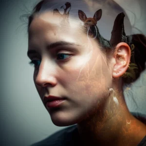 Photorealistic image, 35mm portrait, a person's face in contemplation, with a subtle, dreamlike overlay of various animal forms, suggesting imagination and connection, depth of field.