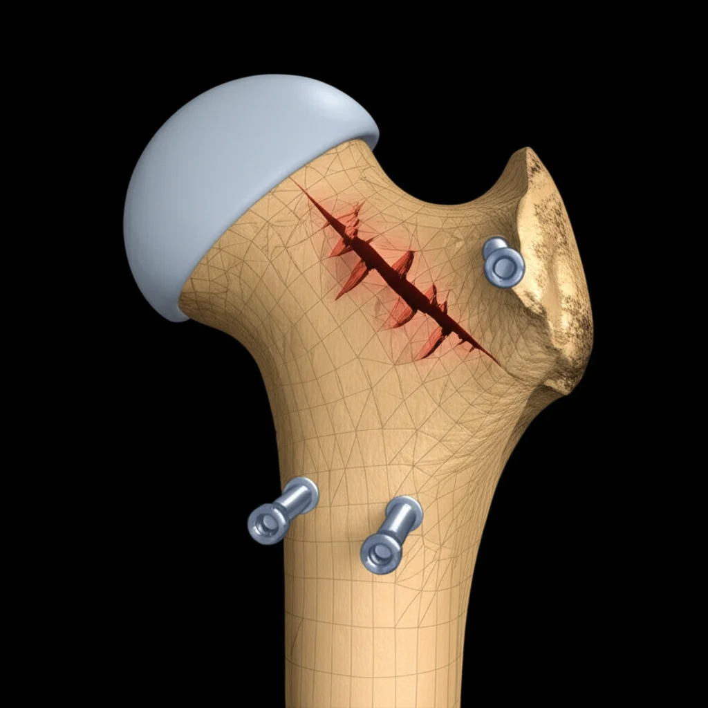 Photorealistic image of a 3D finite element model of a human femur showing a Pauwels type III fracture line, with three cannulated compression screws and one obstructing screw inserted, precise focusing, controlled lighting, 105mm Macro lens.