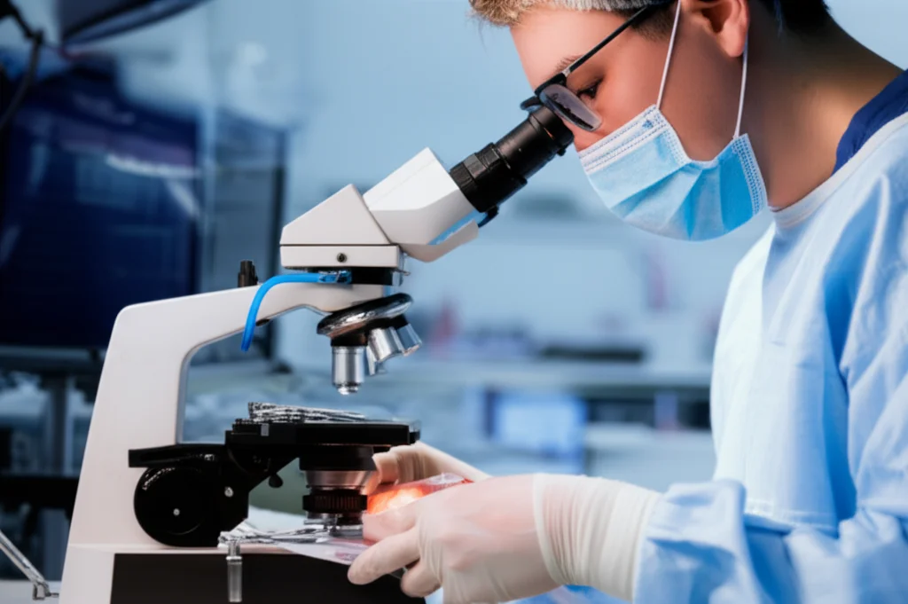 Photorealistic image of a pathologist examining a complex surgical specimen in a lab, controlled lighting, high detail, 60mm macro lens.