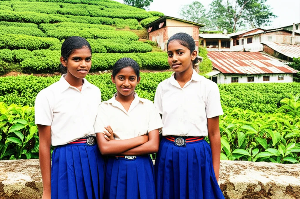 Ritratto di gruppo di adolescenti srilankesi, ragazzi e ragazze, nel distretto di Nuwara-Eliya, alcuni sorridenti, altri pensierosi, in uniforme scolastica. Sfondo di piantagioni di tè e case modeste, luce naturale. Obiettivo prime da 35mm, profondità di campo che isola leggermente i soggetti ma mostra il contesto, colori naturali con un tocco di realismo documentaristico.