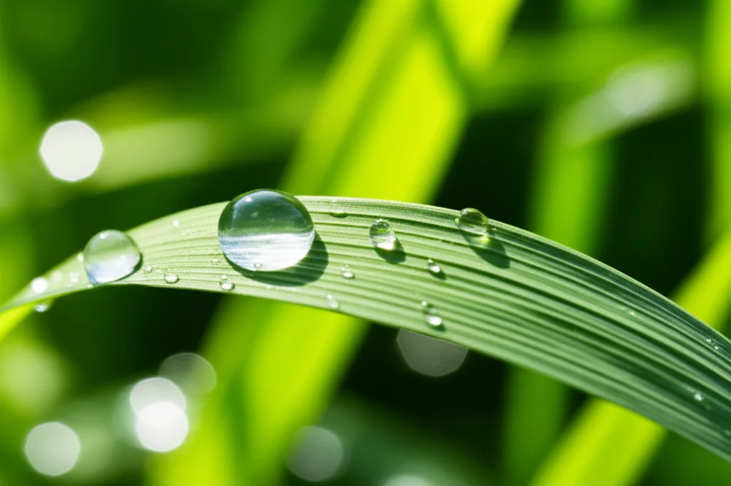 Un primo piano macro di una foglia di pianta di riso sana e rigogliosa, con goccioline d'acqua che riflettono la luce. Sullo sfondo, una rappresentazione stilizzata di nanoparticelle che interagiscono con la struttura cellulare della foglia. Obiettivo macro 100mm, illuminazione controllata, alta definizione, per simboleggiare l'innovazione nanotecnologica in agricoltura.