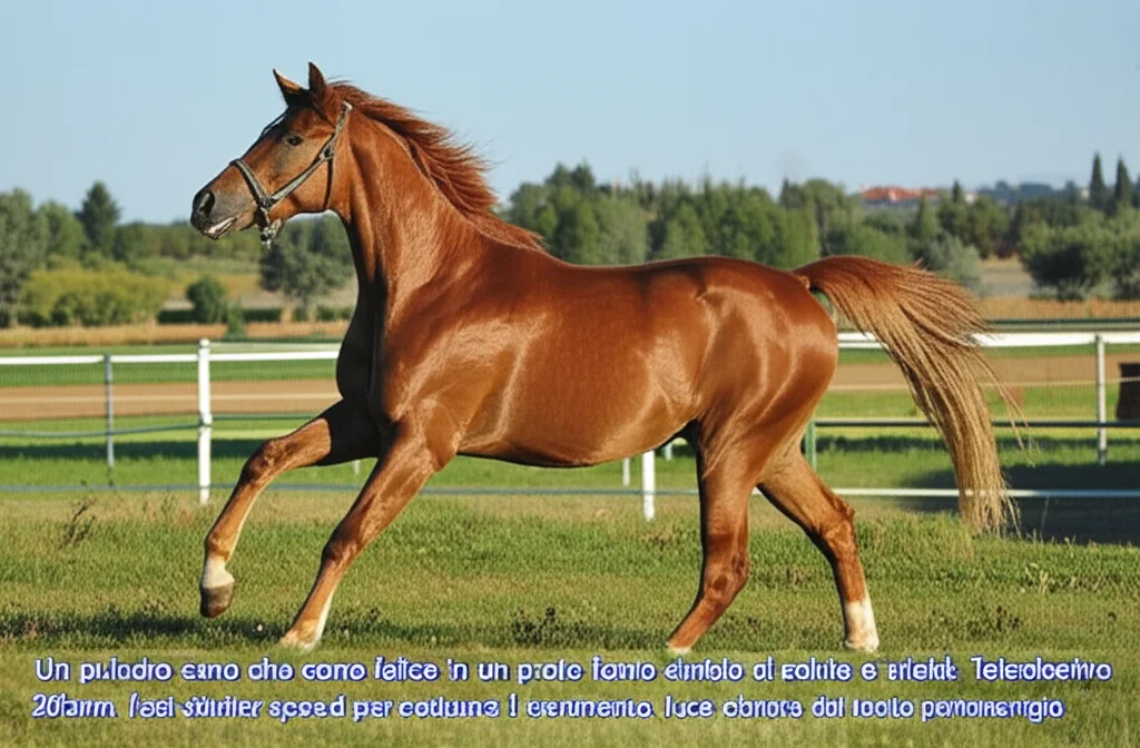 Un puledro sano che corre felice in un prato fiorito, simbolo di salute e vitalità. Teleobiettivo 200mm, fast shutter speed per catturare il movimento, luce dorata del tardo pomeriggio.