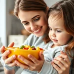 Una giovane madre dai capelli castani sorride dolcemente mentre tiene in braccio il suo bambino di circa 8 mesi, seduto sul suo grembo. Il bambino guarda incuriosito una piccola ciotola colorata di pappa tenuta dalla madre. La scena si svolge in una cucina luminosa. Prime lens, 35mm, depth of field con la madre e il bambino a fuoco e lo sfondo leggermente sfocato, luce naturale morbida da una finestra. Photorealistic.