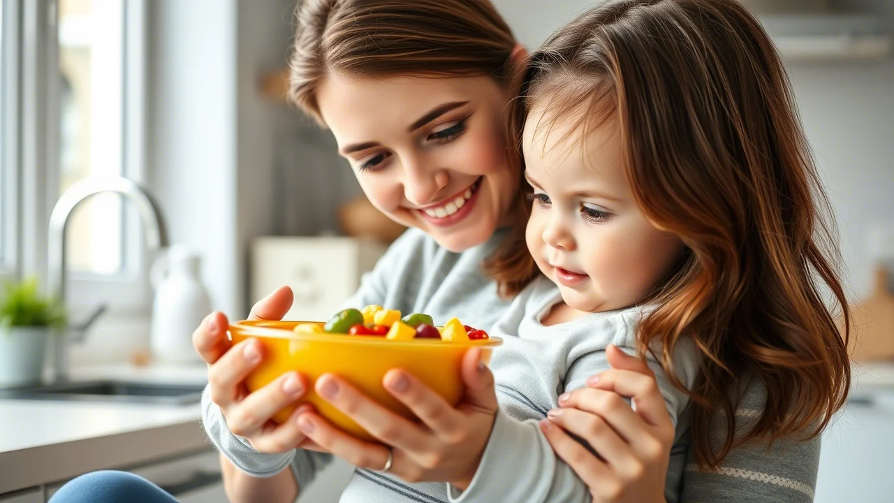 Una giovane madre dai capelli castani sorride dolcemente mentre tiene in braccio il suo bambino di circa 8 mesi, seduto sul suo grembo. Il bambino guarda incuriosito una piccola ciotola colorata di pappa tenuta dalla madre. La scena si svolge in una cucina luminosa. Prime lens, 35mm, depth of field con la madre e il bambino a fuoco e lo sfondo leggermente sfocato, luce naturale morbida da una finestra. Photorealistic.
