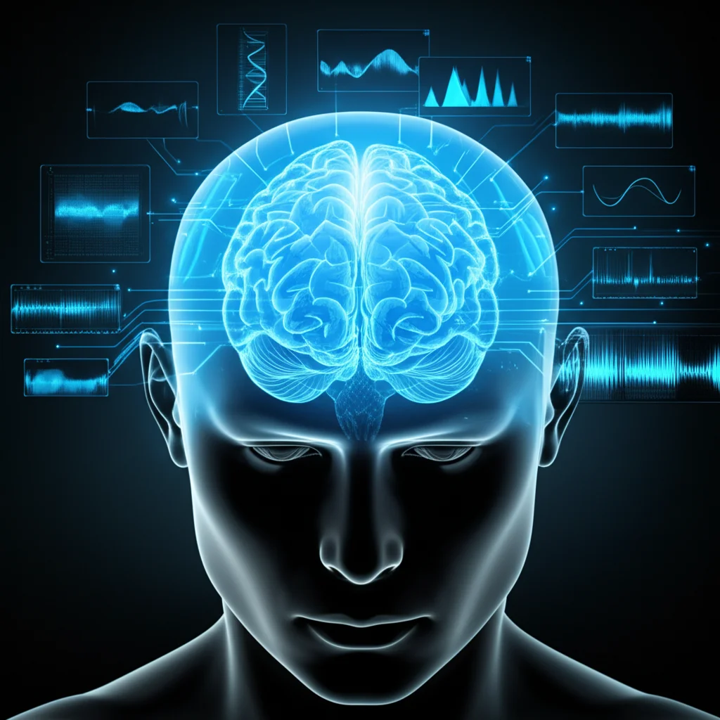 Un'immagine altamente concettuale e fotorealistica che rappresenta l'integrazione di dati multi-omici (simboli genetici, grafici clinici, onde cerebrali stilizzate da MRI) che convergono verso una rappresentazione luminosa e chiara di un cervello umano. Utilizzare un obiettivo prime da 35mm, con profondità di campo per mettere a fuoco il cervello centrale, e uno schema di colori duotone (blu brillante e grigio grafite) per un look moderno e scientifico, simboleggiando la chiarezza diagnostica portata da MINDSETS.