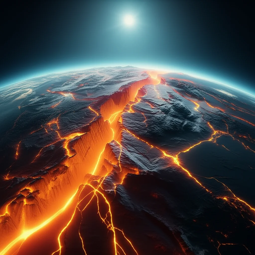 Visualizzazione artistica e fotorealistica della Faglia Anatolica Orientale, con fratture luminose che si diramano sotto la superficie terrestre, suggerendo l'energia sismica. Illuminazione drammatica dal basso, high detail, wide-angle lens, 10mm, per un impatto visivo forte.