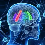 Visualizzazione concettuale dell'asse intestino-cervello nel contesto dell'Alzheimer: un'immagine divisa o sovrapposta che mostra neuroni stilizzati e placche amiloidi collegati a una rappresentazione vibrante del microbioma intestinale, obiettivo grandangolare 24mm, profondità di campo, colori a due tonalità (blu cerebrale e verde intestinale) per un effetto suggestivo.