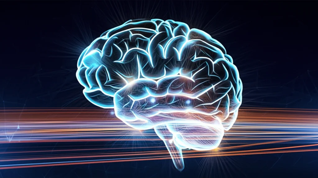 A photorealistic image showing an abstract representation of brain activity or analysis. It could feature glowing neural pathways or data points overlaid on a subtle brain outline, using a wide-angle lens (10-24mm) to convey complexity and scope, with sharp focus and perhaps a long exposure effect on light trails to suggest data flow.