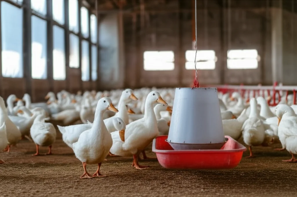 Fotografia di un gruppo di anatre Cherry Valley bianche in un allevamento moderno e pulito. Ripresa con obiettivo prime 35mm per un ritratto ambientale, luce naturale morbida che entra da ampie finestre, profondità di campo media per mostrare sia le anatre in primo piano che l'ambiente circostante, alcune anatre beccano da una mangiatoia contenente mangime con possibili tracce del minerale halloysite.