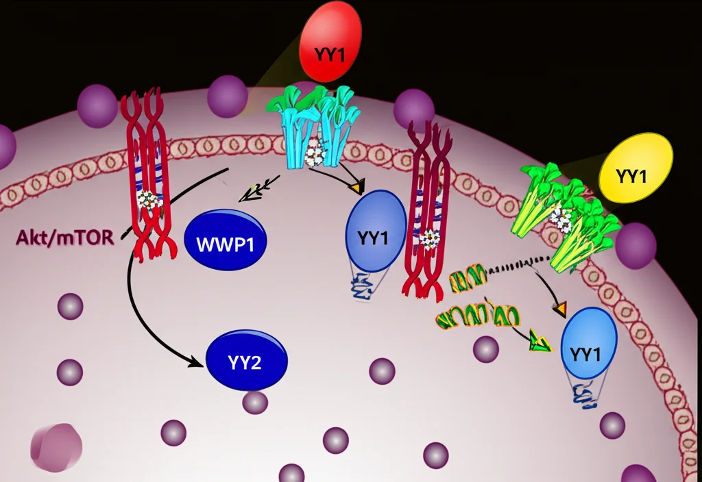Immagine concettuale astratta che rappresenta l'asse di segnalazione YY1-USP13-WWP1 all'interno di una cellula di carcinoma epatocellulare, con colori vivaci (rosso per YY1, blu per USP13, verde per WWP1) che indicano l'attivazione oncogenica e frecce che mostrano il flusso del segnale verso la via Akt/mTOR. High detail, precise focusing, sfondo scuro con elementi cellulari stilizzati.