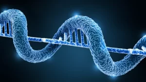 Immagine concettuale di un nanoporo Oxford Nanopore Technologies che analizza un filamento di DNA, con evidenziazione dei siti di metilazione in blu brillante. Dettaglio macro, illuminazione scientifica precisa e focalizzata, lente 60mm, alta definizione, sfondo scuro high-tech.