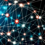 Immagine fotorealistica di una rete neurale astratta e luminosa, con alcuni nodi evidenziati in rosso brillante per simboleggiare i punti critici di sicurezza identificati tramite Security Centrality. Lo sfondo è scuro con sfumature blu. Stile: Wide-angle, 15mm, sharp focus, long exposure, blu scuro e nero duotone.