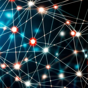 Immagine fotorealistica di una rete neurale astratta e luminosa, con alcuni nodi evidenziati in rosso brillante per simboleggiare i punti critici di sicurezza identificati tramite Security Centrality. Lo sfondo è scuro con sfumature blu. Stile: Wide-angle, 15mm, sharp focus, long exposure, blu scuro e nero duotone.