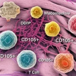 Photorealistic image, macro lens, 105mm, high detail, precise focusing, controlled lighting, showing stylized breast tissue with fibroblasts (labeled CD105+) interacting with immune cells (macrophages and T cells), illustrating an immunosuppressive niche.