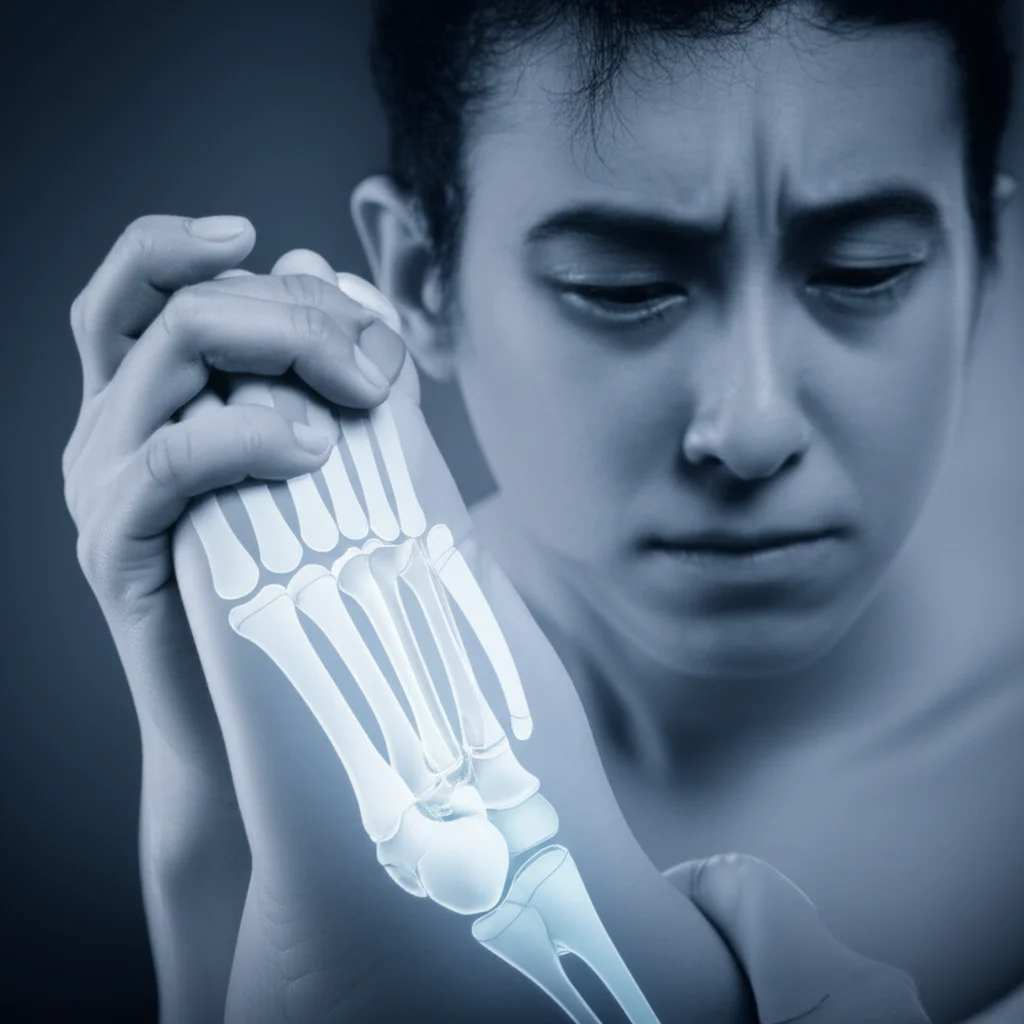 photorealistic image of a person holding their painful foot, with a subtle overlay or glow representing nerve pain being modulated by technology, portrait photography, 35mm portrait, blue and grey duotones, depth of field