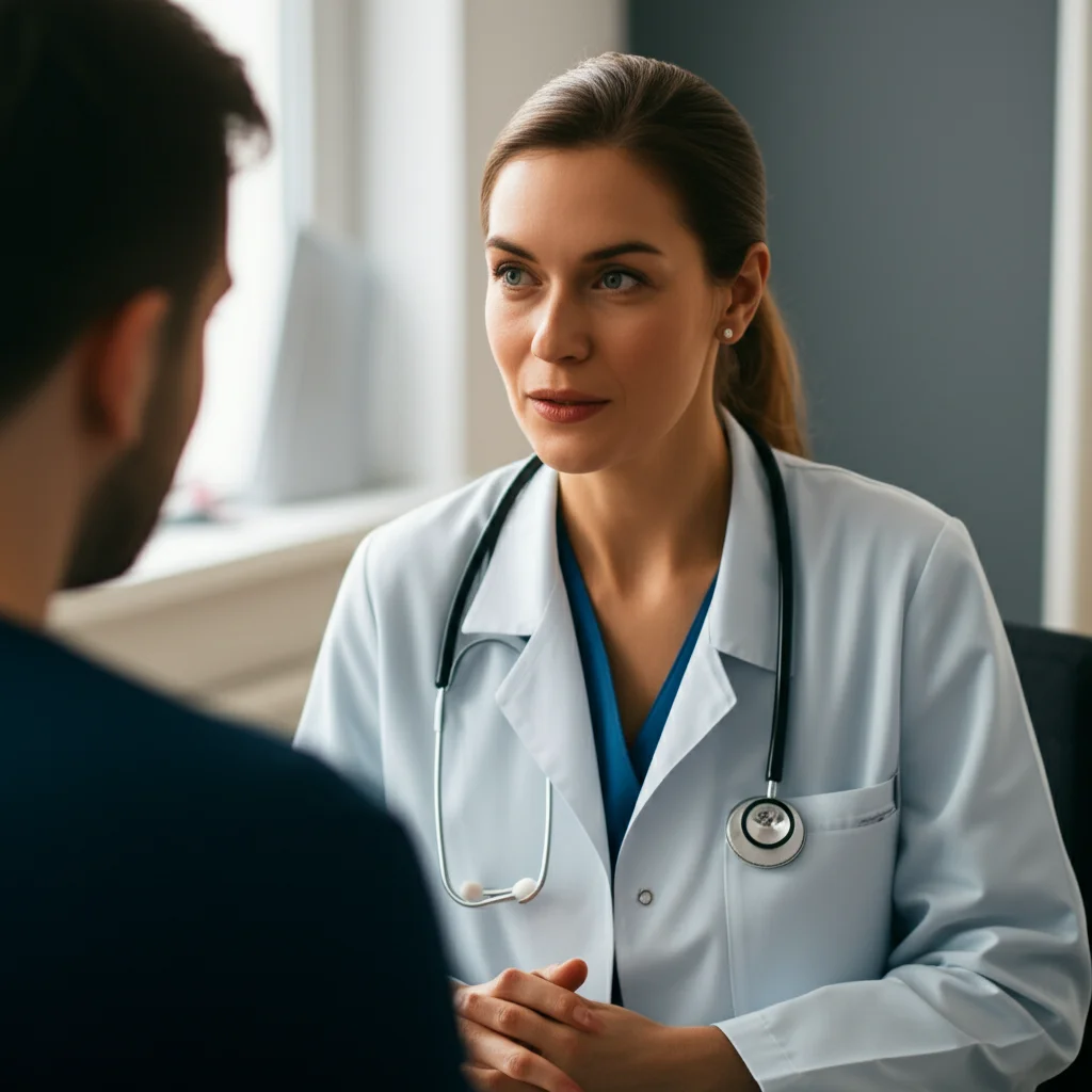 Photorealistic portrait photography, 35mm lens, a patient and a doctor discussing a prehabilitation plan before radical cystectomy, focusing on hope and preparation.