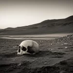 Primo piano di un cranio e di ossa umane antiche parzialmente dissotterrate in un sito di scavo archeologico nel deserto di Turpan. Luce drammatica del sole al tramonto. Prime lens, 35mm, Depth of field, duotone seppia e grigio scuro.