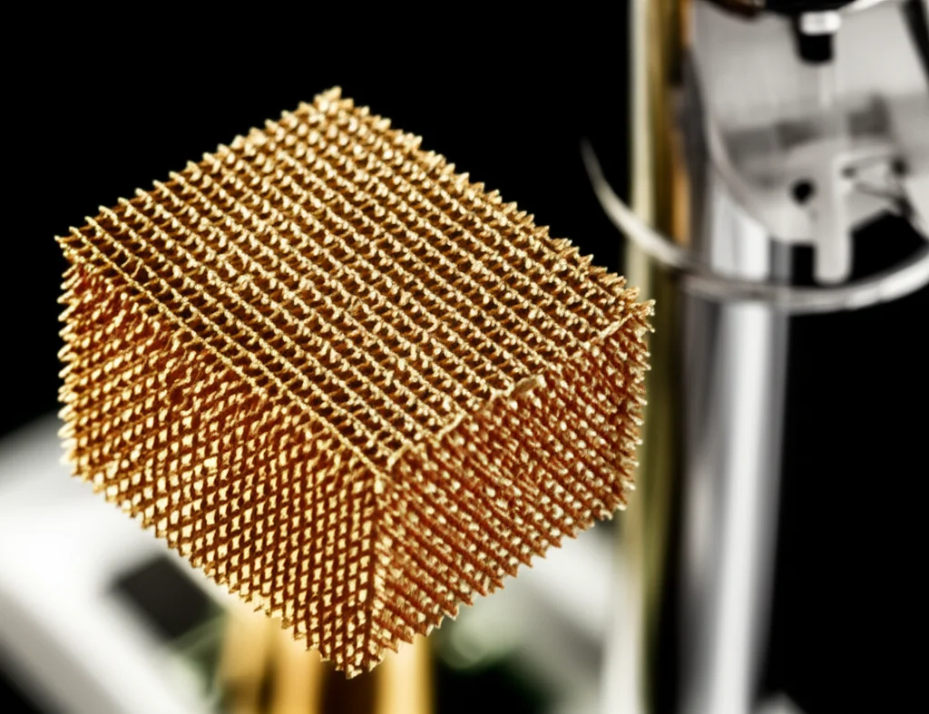 Primo piano di un cristallo di CsV3Sb5 montato sulla punta di un risonatore a diapason, con linee di campo magnetico stilizzate che lo attraversano. L'immagine evoca precisione scientifica e mistero. Obiettivo macro 105mm, alta definizione, illuminazione controllata per evidenziare la struttura cristallina e il sensore.