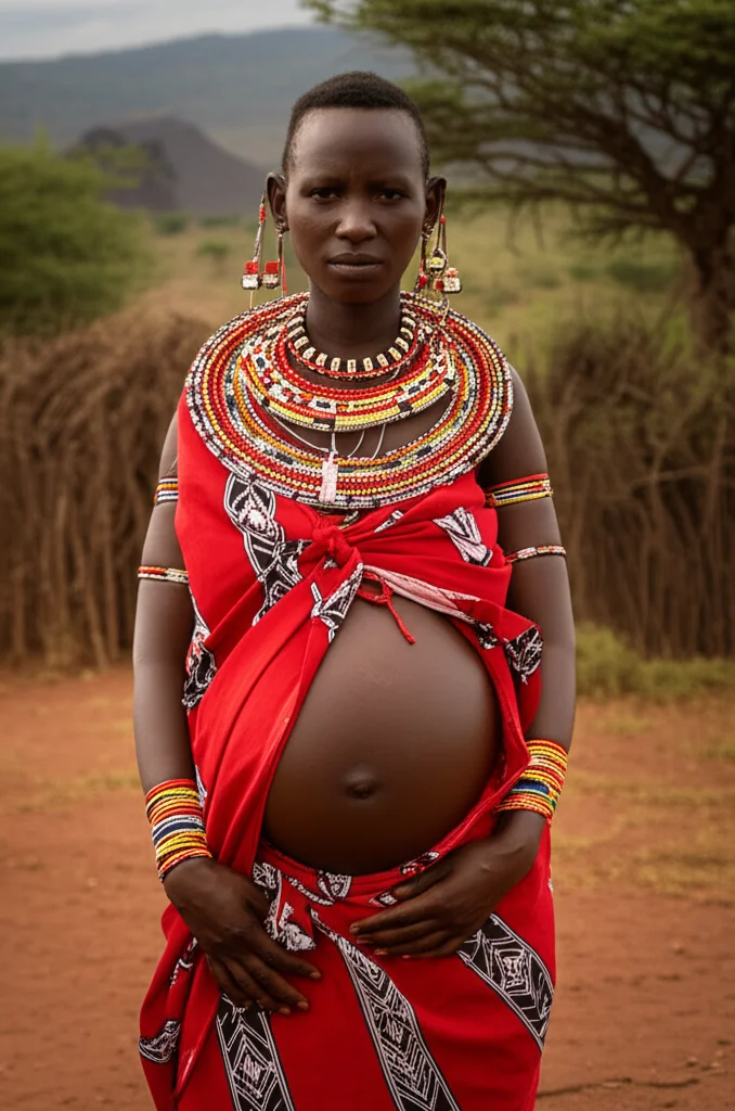 Ritratto fotografico realistico di una donna Pokot incinta, vestita con abiti tradizionali colorati, in piedi davanti a un paesaggio arido del Kenya. Obiettivo da 35mm, luce dorata del tardo pomeriggio, espressione seria ma speranzosa, profondità di campo con sfondo leggermente sfocato per enfatizzare il soggetto.