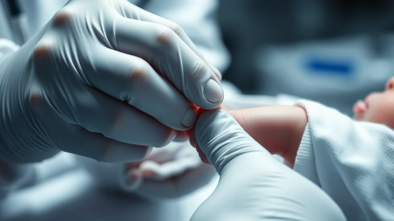 Un neonato sottoposto a screening genomico, con un medico che preleva delicatamente una goccia di sangue dal tallone. Macro lens, 85mm, profondità di campo ridotta per focalizzare sull'azione, illuminazione da studio controllata per dettagli nitidi, atmosfera serena e professionale, duotone blu e grigio.