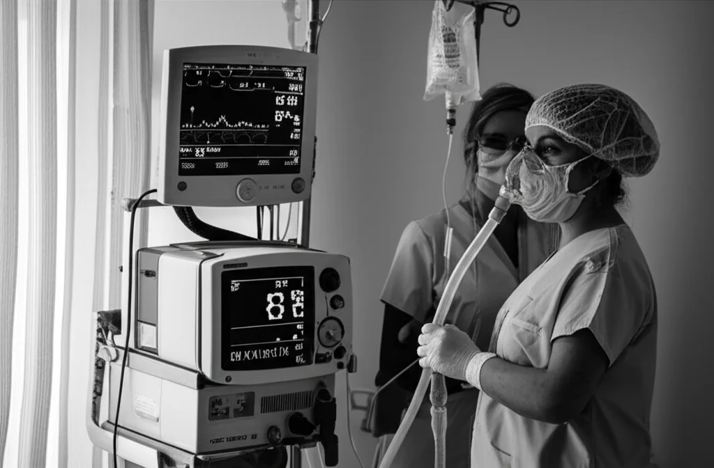 Un paziente in un letto di terapia intensiva indossa una maschera per la ventilazione non invasiva (NIV). Accanto, un moderno ventilatore e monitor con parametri vitali. Un operatore sanitario controlla la situazione. L'immagine è un ritratto, obiettivo 35mm, con profondità di campo per focalizzare sul paziente e la maschera, in bianco e nero per un effetto drammatico ma speranzoso.