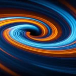 Un vortice fluido stilizzato tridimensionale, con linee di flusso che si avvolgono e si intensificano verso un nucleo centrale, rappresentato con colori brillanti (blu e arancione) su sfondo scuro per enfatizzare il concetto di stiramento vorticoso. Fotografia macro, 105mm, alta definizione, illuminazione controllata per evidenziare la tridimensionalità e la dinamica del fluido.