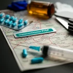 Una mappa stilizzata e colorata che mostra un percorso con diverse tappe etichettate come 'Implementazione PrEP', poggiata su una scrivania accanto a pillole blu e una siringa stilizzata, fotografia still life, obiettivo macro 60mm, alta definizione, illuminazione da studio.