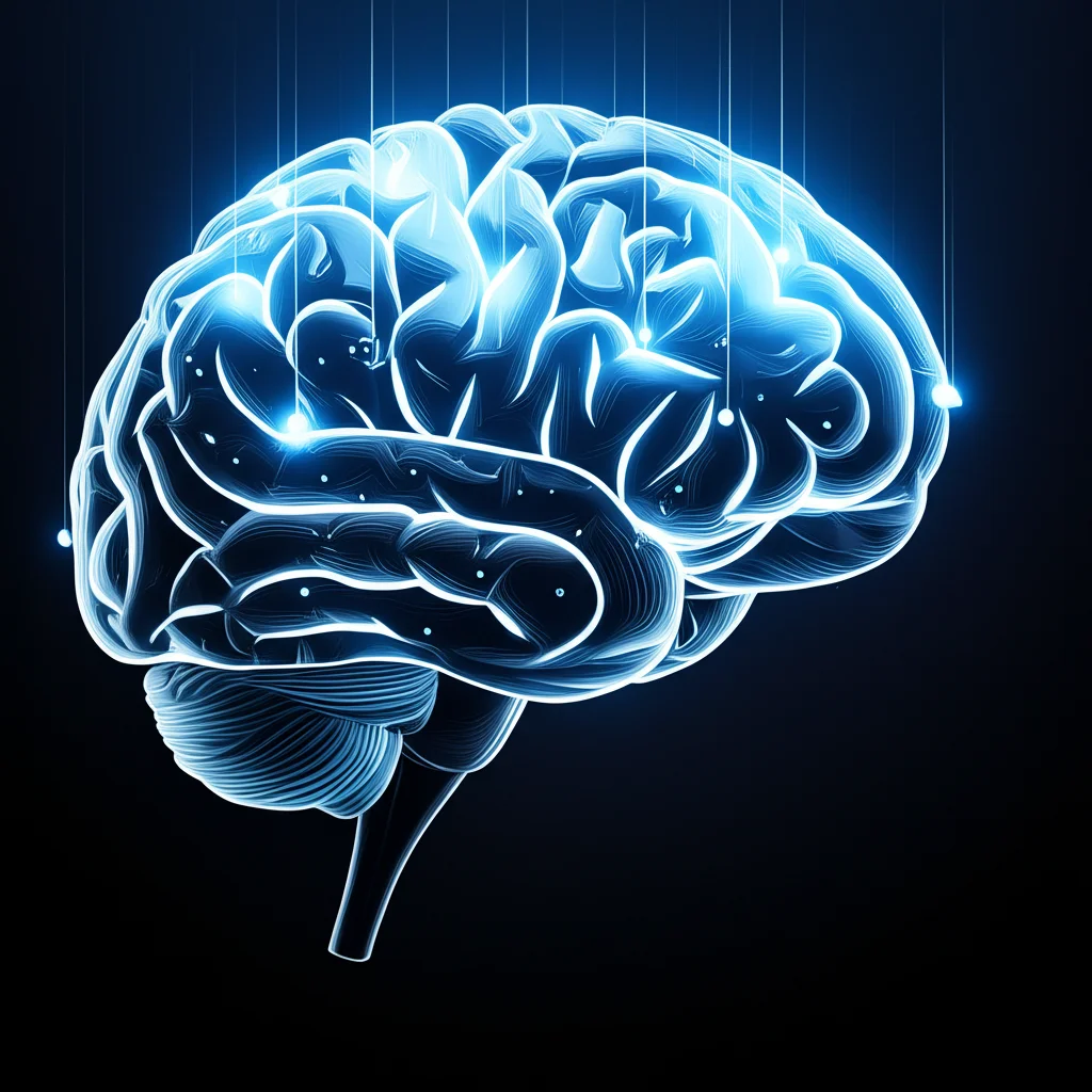 Un'immagine concettuale che fonde un cervello umano stilizzato con circuiti neurali digitali luminosi, simboleggiando l'integrazione tra intelligenza artificiale e medicina. Obiettivo prime, 50mm, profondità di campo per evidenziare la fusione, illuminazione high-tech con toni blu e argento, stile film noir per un contrasto accentuato.