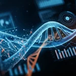 Visualizzazione artistica e fotorealistica di algoritmi di machine learning che analizzano dati genetici complessi relativi alla morte cellulare nella steatoepatite non alcolica, con eliche di DNA stilizzate e grafici di rete neurale che fluttuano in un ambiente digitale. Obiettivo macro 90mm, illuminazione drammatica e high detail, con colori blu e arancione per contrasto.