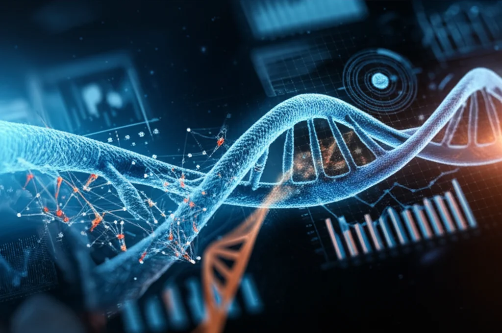 Visualizzazione artistica e fotorealistica di algoritmi di machine learning che analizzano dati genetici complessi relativi alla morte cellulare nella steatoepatite non alcolica, con eliche di DNA stilizzate e grafici di rete neurale che fluttuano in un ambiente digitale. Obiettivo macro 90mm, illuminazione drammatica e high detail, con colori blu e arancione per contrasto.
