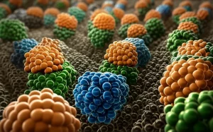Visualizzazione artistica fotorealistica di molecole di complessi metallici (Cobalto-arancio e Rame-verde/nero) che interagiscono e penetrano la membrana cellulare stilizzata di un batterio, evidenziando l'azione antimicrobica, illuminazione drammatica focalizzata sull'interazione, stile macro con profondità di campo ridotta per enfatizzare le molecole.