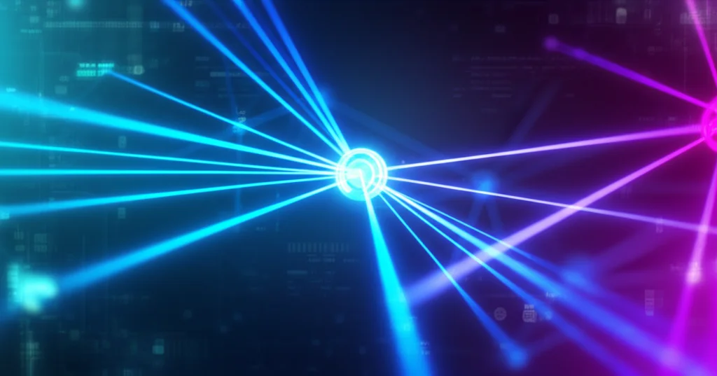 Visualizzazione concettuale di una rete di entanglement quantistico, con fasci di luce laser colorata che collegano nodi astratti su uno sfondo scuro e tecnologico, simboleggiando il multiplexing di stato. Lente prime 35mm, profondità di campo accentuata, duotono ciano e magenta per un effetto futuristico e vibrante.