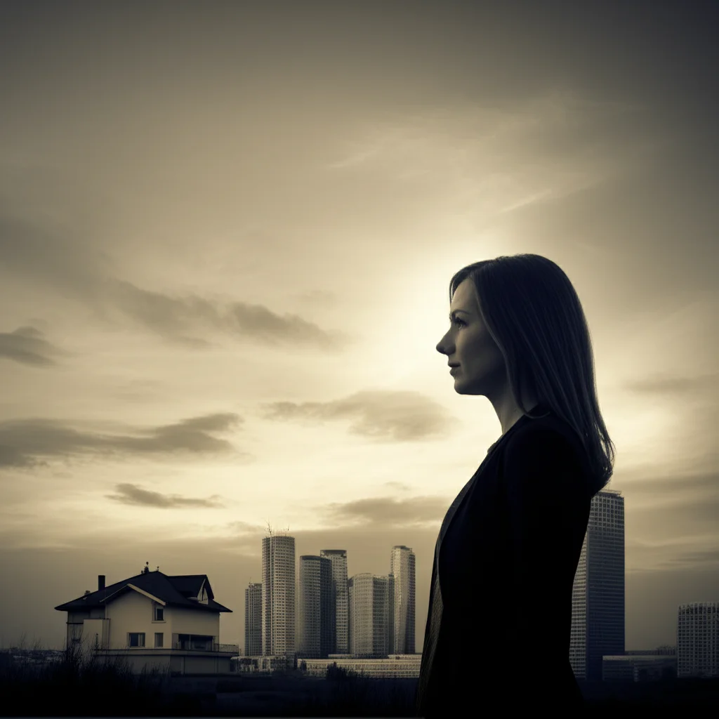 Fotografia artistica che simboleggia la scelta di una madre tra casa e carriera: una donna di profilo guarda verso due percorsi divergenti, uno che porta a una casa accogliente e l'altro a un skyline cittadino. Illuminazione crepuscolare, obiettivo da 35mm, effetto duotone seppia e blu per un'atmosfera introspettiva.