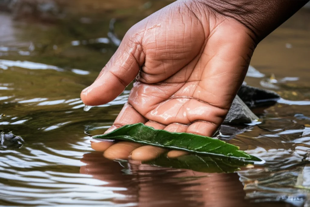 Fotografia macro di una mano che raccoglie acqua da un ruscello torbido in Uganda usando un contenitore improvvisato, luce naturale controllata, obiettivo macro 100mm, alta definizione, messa a fuoco precisa sul punto di contatto tra mano, acqua e contenitore, evocando un senso di rischio igienico in un contesto rurale.