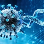 Illustrazione 3D di un anticorpo stilizzato che si lega saldamente alla proteina Spike di un virus SARS-CoV-2, con sfondo digitale che rappresenta codice binario e reti neurali interconnesse, simboleggiando la progettazione tramite IA. Obiettivo prime 50mm, profondità di campo ridotta, alta definizione, luce blu e bianca high-tech.