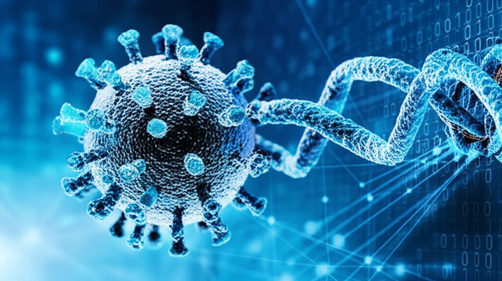 Illustrazione 3D di un anticorpo stilizzato che si lega saldamente alla proteina Spike di un virus SARS-CoV-2, con sfondo digitale che rappresenta codice binario e reti neurali interconnesse, simboleggiando la progettazione tramite IA. Obiettivo prime 50mm, profondità di campo ridotta, alta definizione, luce blu e bianca high-tech.