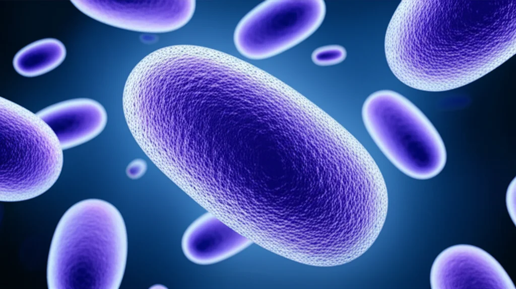 Immagine artistica e scientifica di cellule staminali mesenchimali che fluttuano, con un leggero bagliore, su uno sfondo scuro che suggerisce un ambiente high-tech. Macro lens, 100mm, alta definizione dei dettagli cellulari, illuminazione controllata con dominanti blu e viola per un effetto futuristico e pulito.