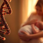 Immagine concettuale artistica che mostra un filamento di DNA con marcatori epigenetici (metilazioni) in primo piano, e sullo sfondo sfocato una figura materna che accarezza un neonato. Luci soffuse, colori caldi, profondità di campo, obiettivo prime 35mm.