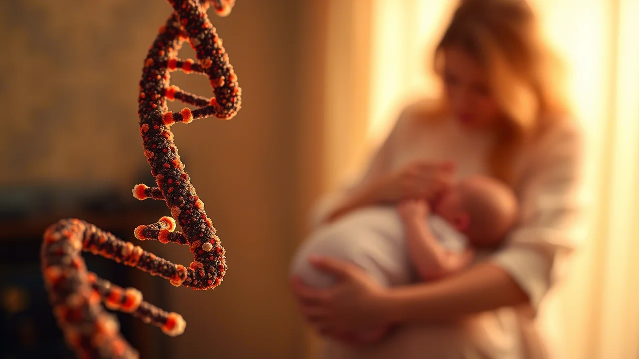 Immagine concettuale artistica che mostra un filamento di DNA con marcatori epigenetici (metilazioni) in primo piano, e sullo sfondo sfocato una figura materna che accarezza un neonato. Luci soffuse, colori caldi, profondità di campo, obiettivo prime 35mm.