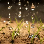 Immagine fotorealistica di gocce d'acqua che cadono su un terreno arido dove piccole piantine verdi stanno spuntando grazie a piastrelle superassorbenti interrate, lente macro 70mm, alta definizione, illuminazione naturale soffusa, profondità di campo ridotta per mettere a fuoco le piantine.