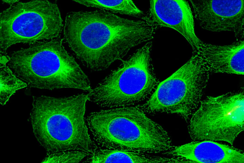 Photorealistic image of a microscopic view of ovarian cancer cells under fluorescence, showing different cell cycle phases or apoptotic markers, macro lens, 60mm, high detail, controlled lighting.